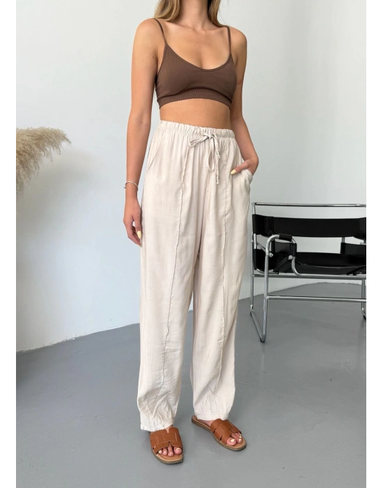 Bej Tensel Havuç Model Çımalı Kadın Pantolon