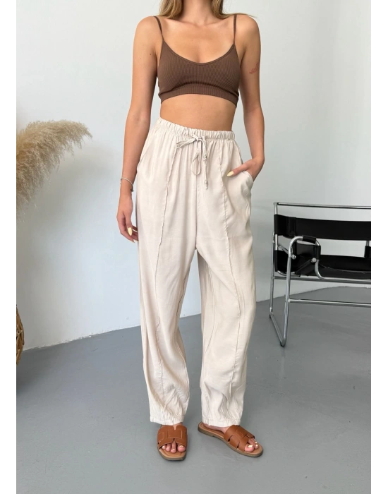 Bej Tensel Havuç Model Çımalı Kadın Pantolon