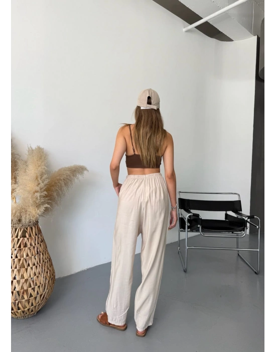 Bej Tensel Havuç Model Çımalı Kadın Pantolon