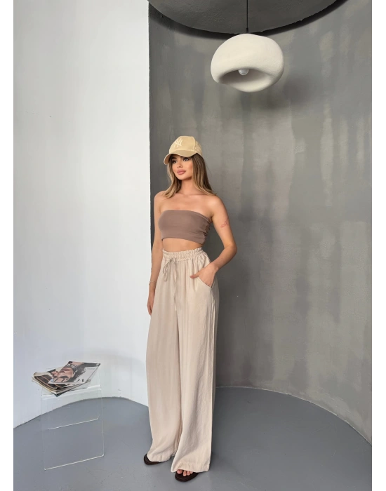 Bej Tensel Kumaş Palazzo Kadın Pantolon