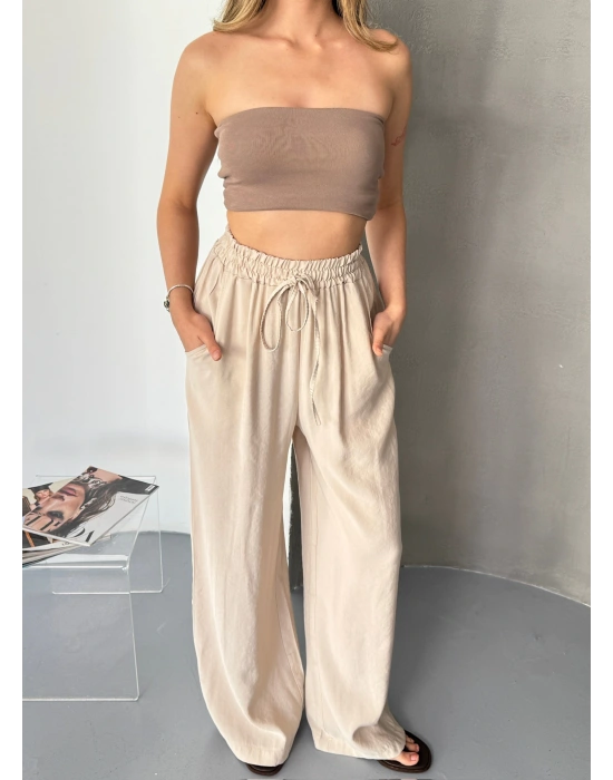 Bej Tensel Kumaş Palazzo Kadın Pantolon