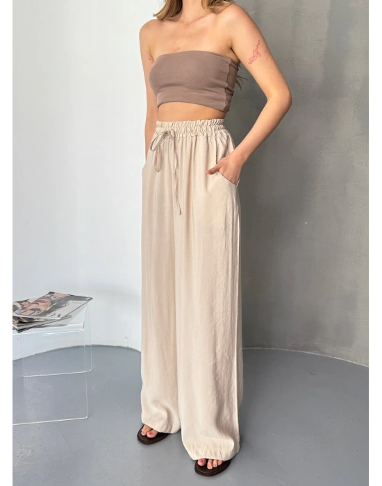 Bej Tensel Kumaş Palazzo Kadın Pantolon
