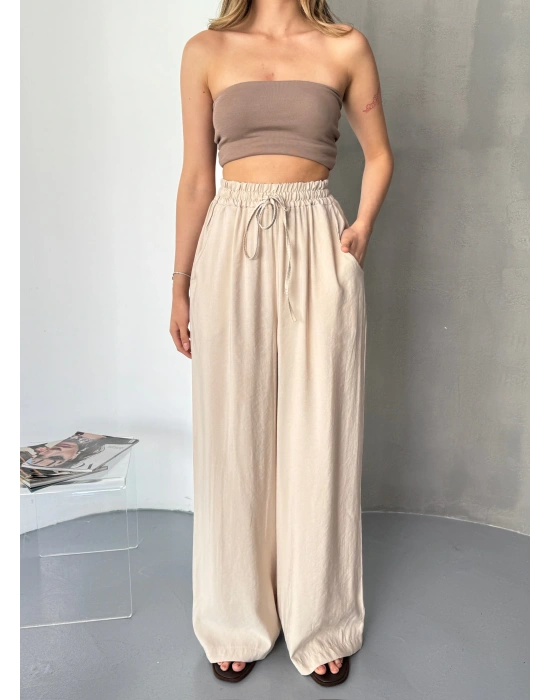 Bej Tensel Kumaş Palazzo Kadın Pantolon