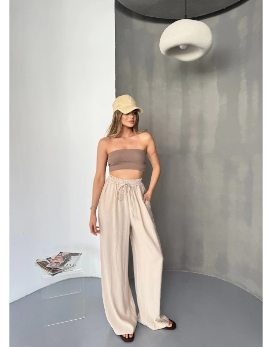 Bej Tensel Kumaş Palazzo Kadın Pantolon