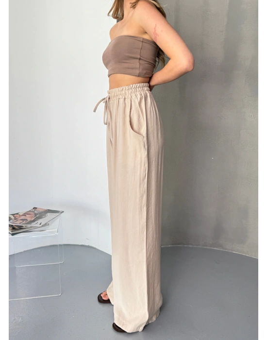 Bej Tensel Kumaş Palazzo Kadın Pantolon