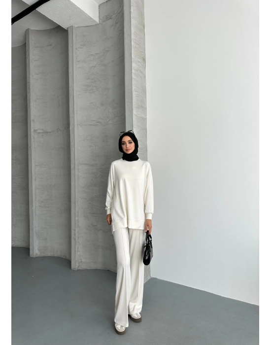 Beyaz Modal Çımalı Kadın Uzun Alt Üst Takım