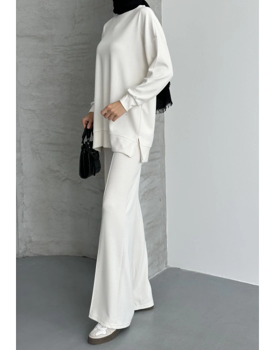Beyaz Modal Çımalı Kadın Uzun Alt Üst Takım