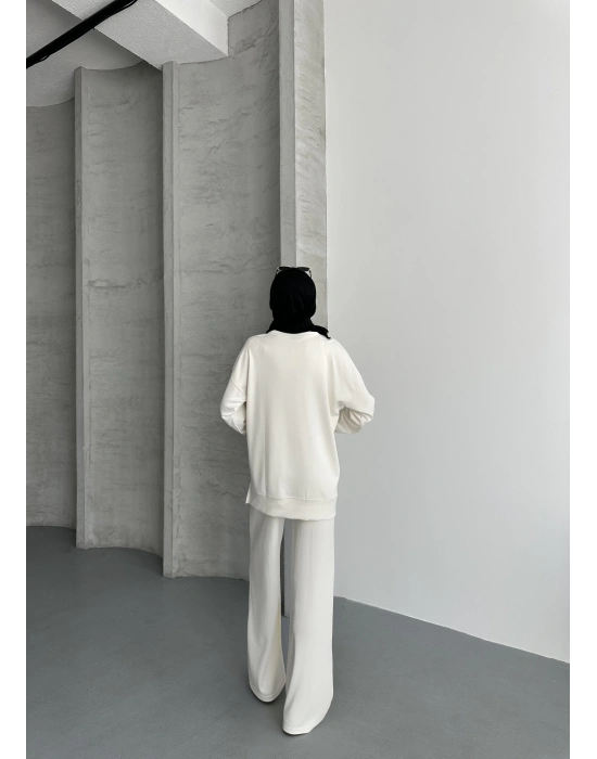 Beyaz Modal Çımalı Kadın Uzun Alt Üst Takım
