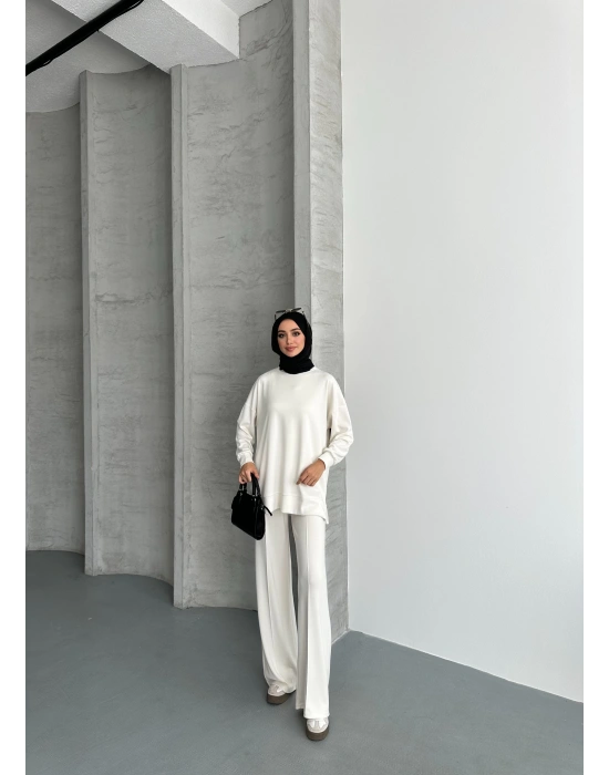 Beyaz Modal Çımalı Kadın Uzun Alt Üst Takım