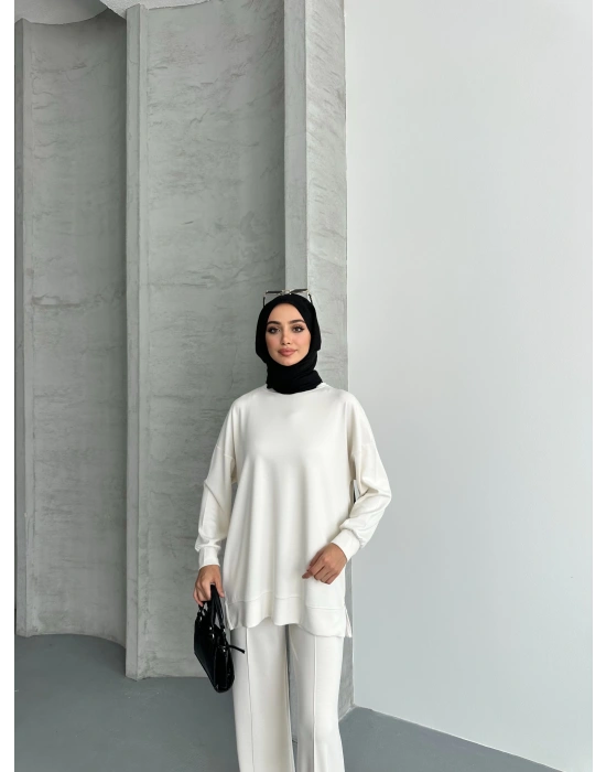 Beyaz Modal Çımalı Kadın Uzun Alt Üst Takım