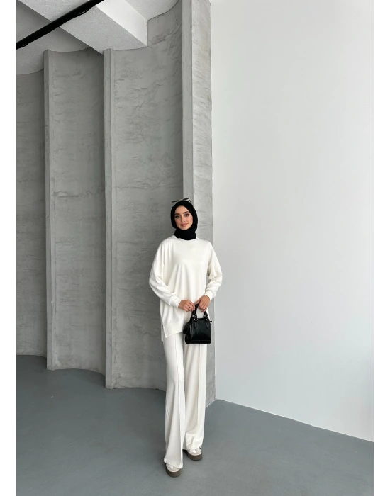 Beyaz Modal Çımalı Kadın Uzun Alt Üst Takım