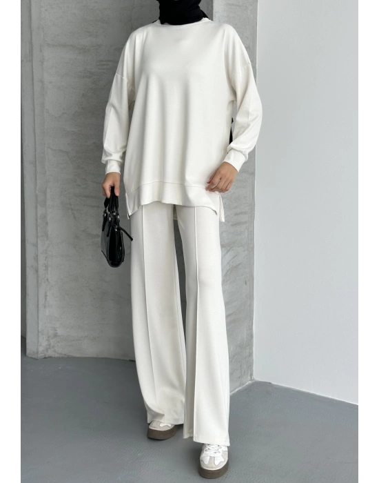 Beyaz Modal Çımalı Kadın Uzun Alt Üst Takım