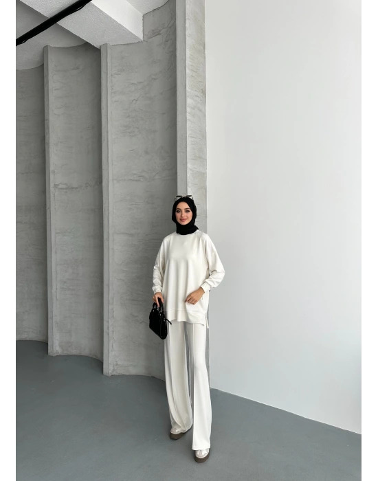 Beyaz Modal Çımalı Kadın Uzun Alt Üst Takım