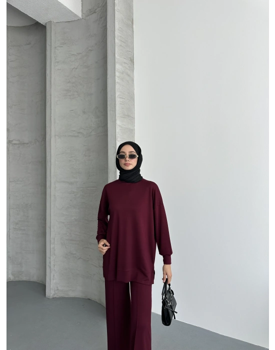 Bordo Çımalı Modal Tesettür Alt Üst Takım