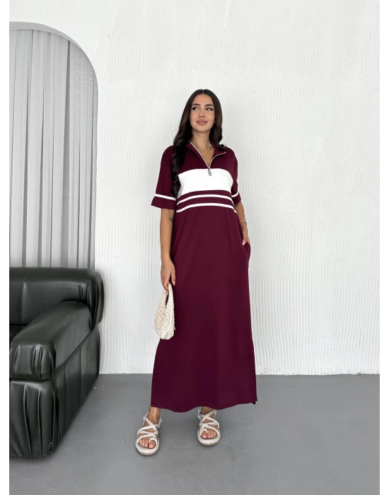 Bordo Garnili Fermuarlı Modal Elbise