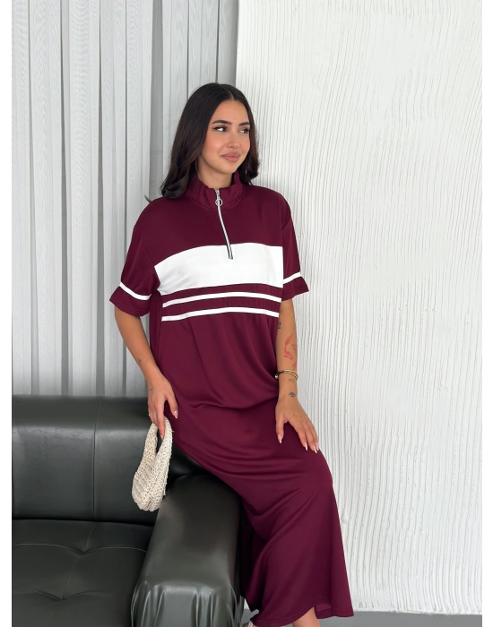 Bordo Garnili Fermuarlı Modal Elbise