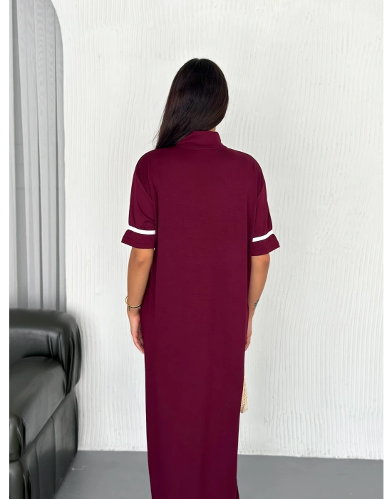 Bordo Garnili Fermuarlı Modal Elbise