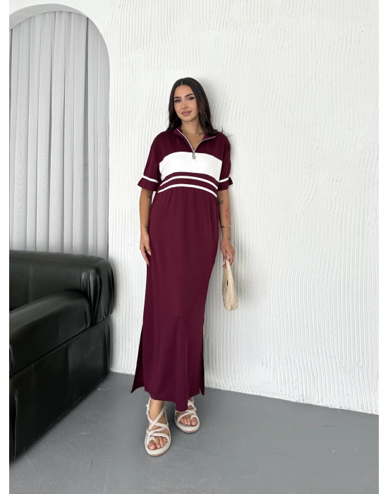 Bordo Garnili Fermuarlı Modal Elbise