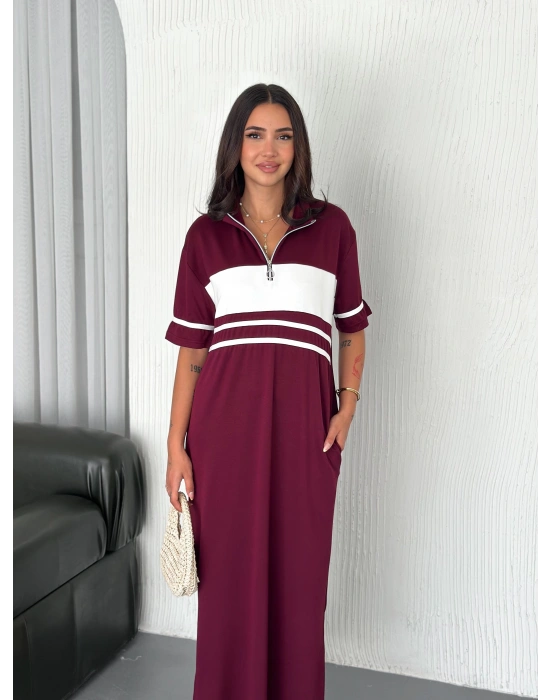 Bordo Garnili Fermuarlı Modal Elbise