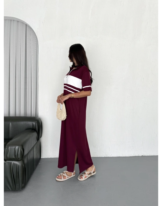 Bordo Garnili Fermuarlı Modal Elbise