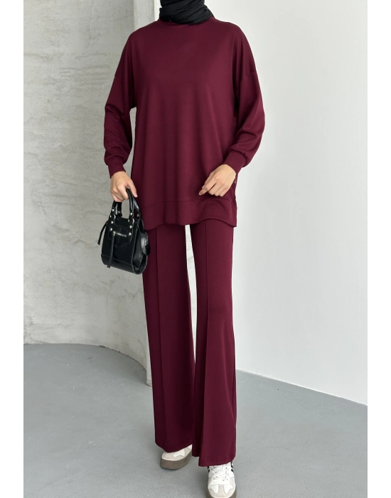 Bordo Modal Çımalı Kadın Uzun Alt Üst Takım