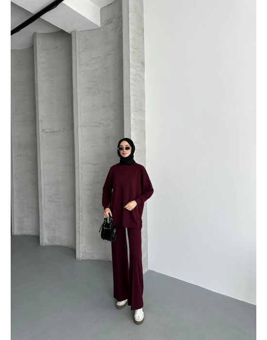 Bordo Modal Çımalı Kadın Uzun Alt Üst Takım