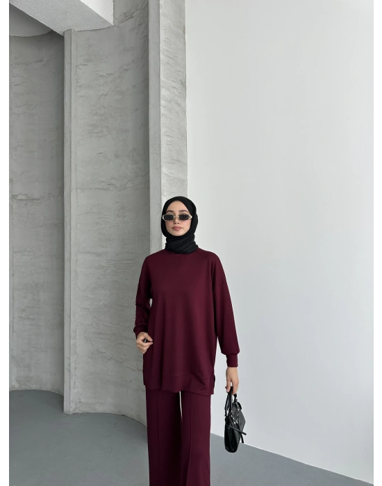 Bordo Modal Çımalı Kadın Uzun Alt Üst Takım