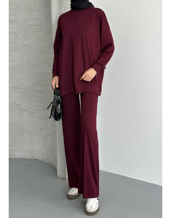 Bordo Modal Çımalı Kadın Uzun Alt Üst Takım