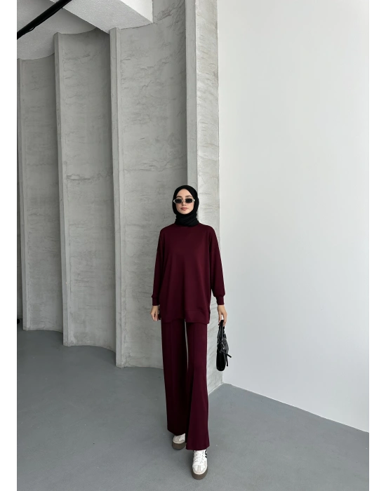 Bordo Modal Çımalı Kadın Uzun Alt Üst Takım