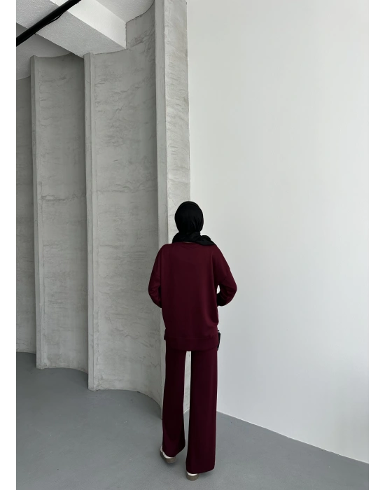 Bordo Modal Çımalı Kadın Uzun Alt Üst Takım