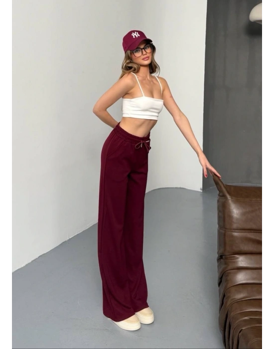 Bordo Modal Kumaş Bol Paça Pantolon