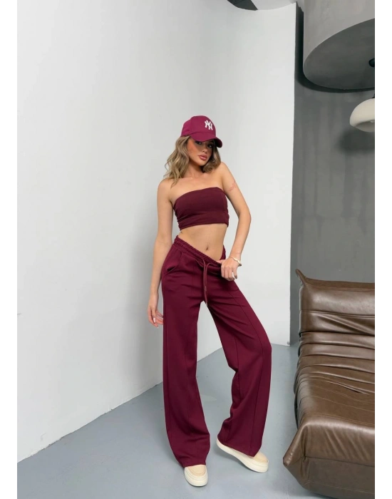 Bordo Modal Kumaş Çımalı Palazzo Pantolon