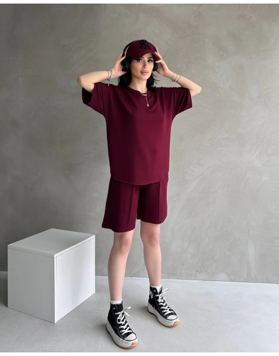 Bordo Modal Oval Kesim Kısa Kollu Tişört