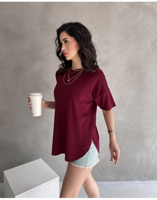 Bordo Modal Oval Kesim Kısa Kollu Tişört
