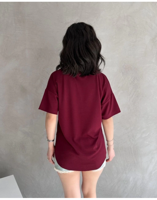 Bordo Modal Oval Kesim Kısa Kollu Tişört