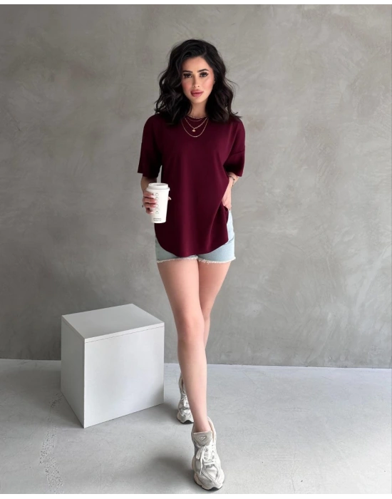 Bordo Modal Oval Kesim Kısa Kollu Tişört