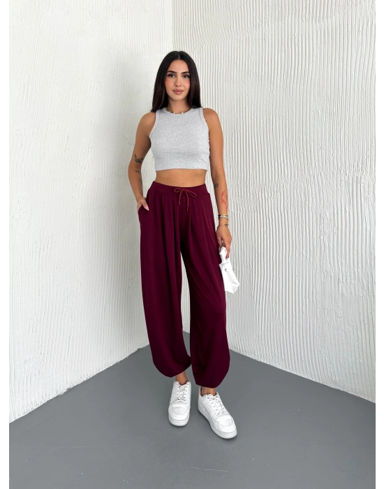 Bordo Modal Pileli Şalvar