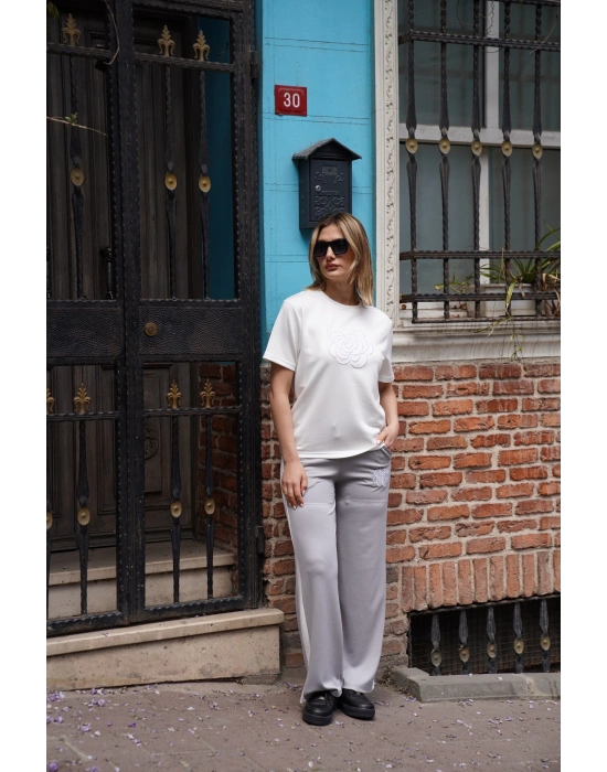 Çiçek Nakışlı İkili Takım – Gri