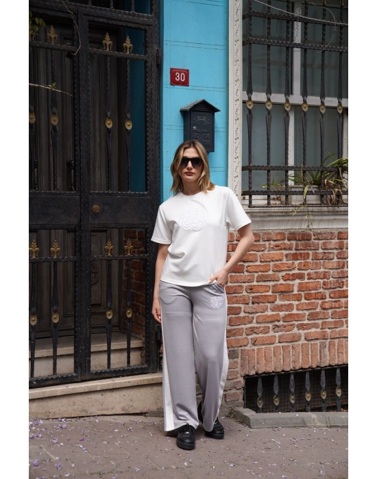 Çiçek Nakışlı İkili Takım – Gri