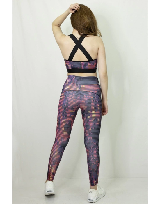 Çizgili Desen Dijital Büstiyer Tayt Takım