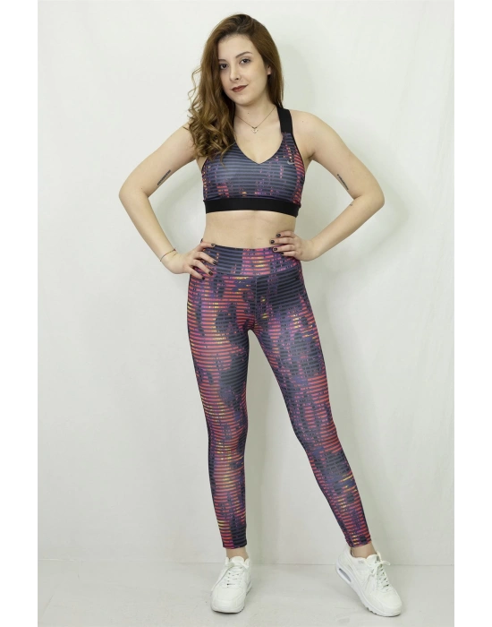 Çizgili Desen Dijital Büstiyer Tayt Takım