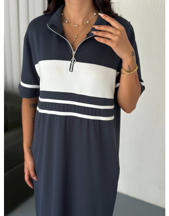 Füme Garnili Fermuarlı Modal Elbise