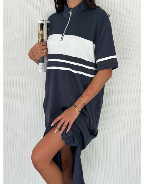 Füme Garnili Fermuarlı Modal Elbise