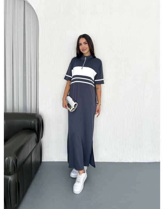 Füme Garnili Fermuarlı Modal Elbise