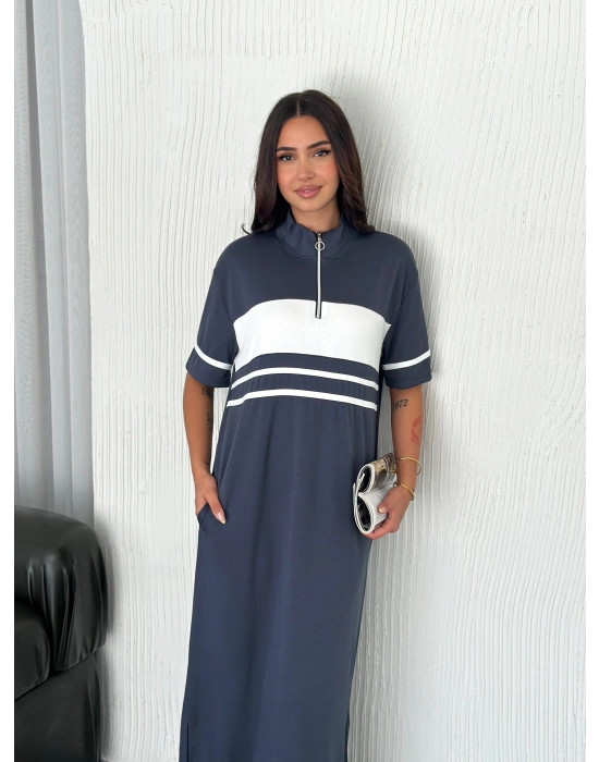 Füme Garnili Fermuarlı Modal Elbise