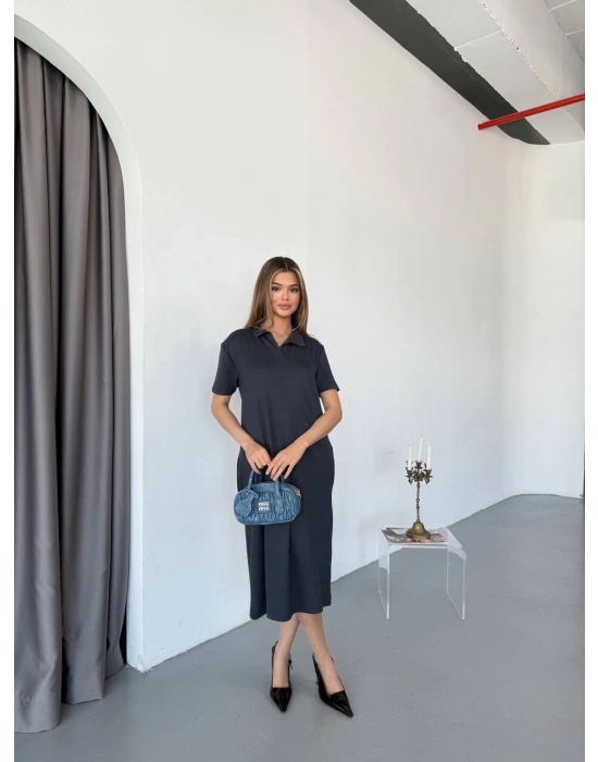 Füme Polo Yaka Modal Kadın Elbise