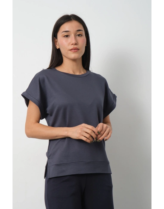 Füme Yarasa Kol Yırtmaç Detaylı Oys Model Tişört