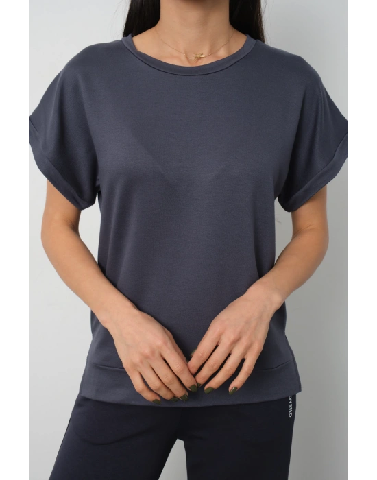 Füme Yarasa Kol Yırtmaç Detaylı Oys Model Tişört