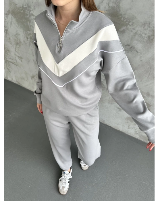 Gri Garnili Modal Yarım Fermuarlı Takım