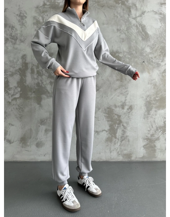 Gri Garnili Modal Yarım Fermuarlı Takım